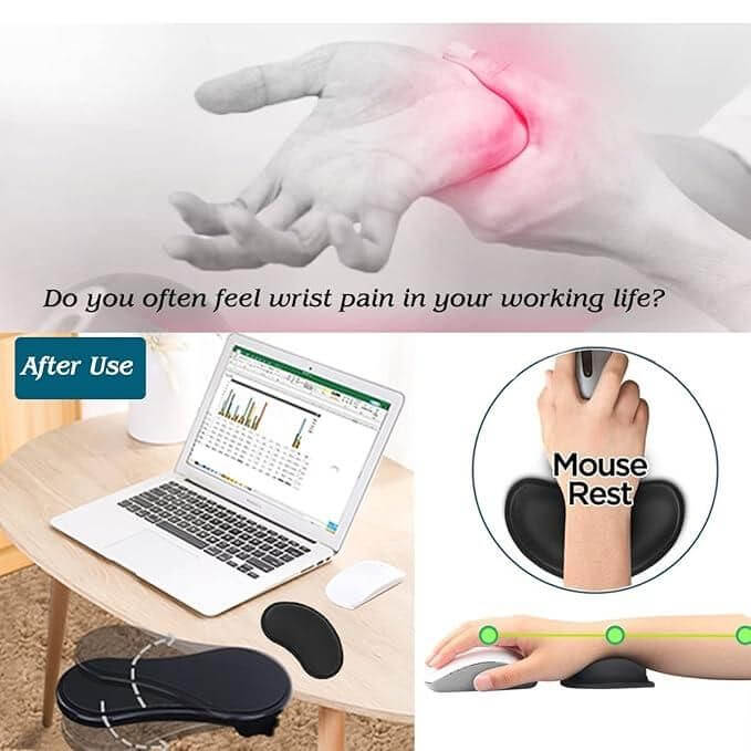 Image showing wrist pain relief benefits with Desk Arm/Wrist Rest Pad for office and PC users, demonstrating ergonomic support.
