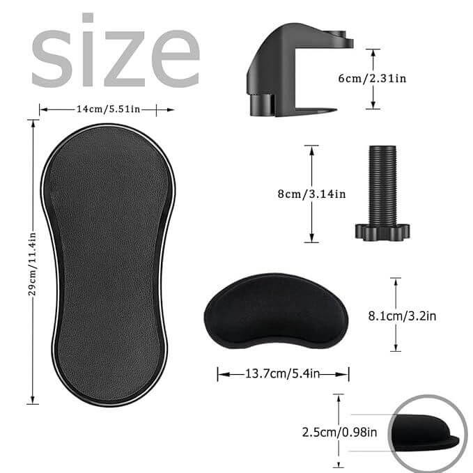 Size chart for Desk Arm/Wrist Rest Pad, showing dimensions for ergonomic support components.