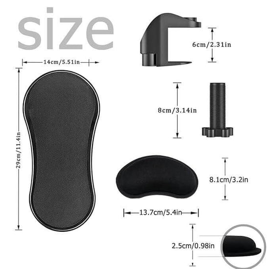 Size chart for Desk Arm/Wrist Rest Pad, showing dimensions for ergonomic support components.
